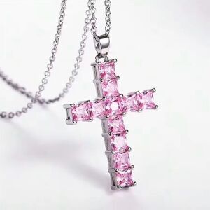 Pink & Silver Rhinestone Cross Necklace